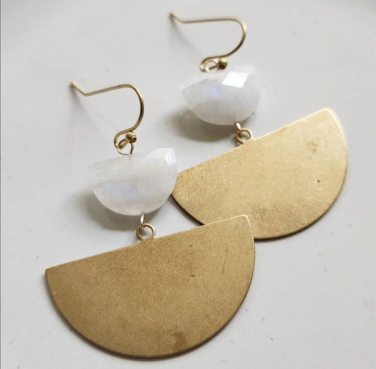 Sara Sela Jewelry crescent rainbow moonstone earrings with faceted moonstones and large brass semicircle drops