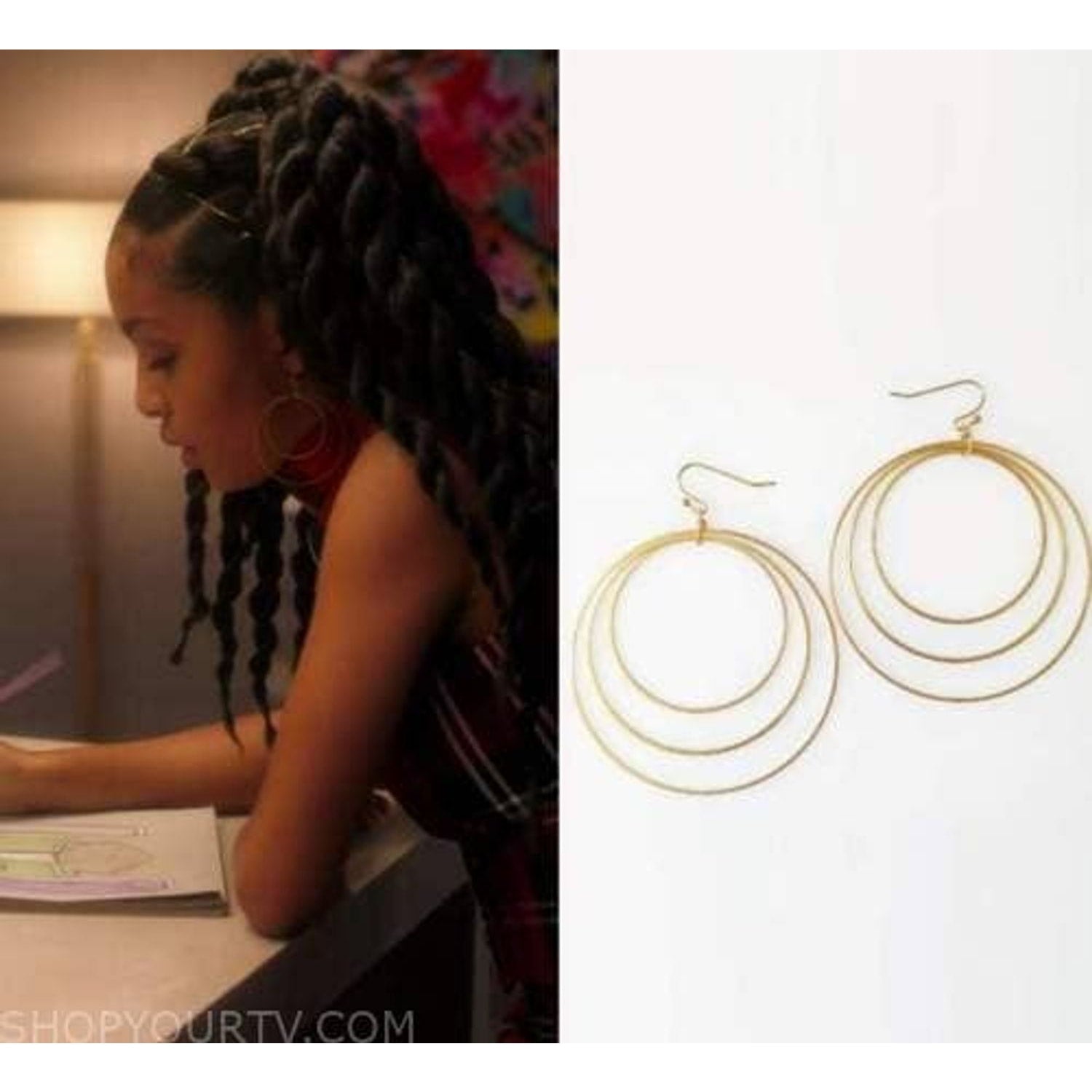Sara Sela Jewelry brass circle hoop dangle earrings triple concentric gold hoops shown on model and flat lay