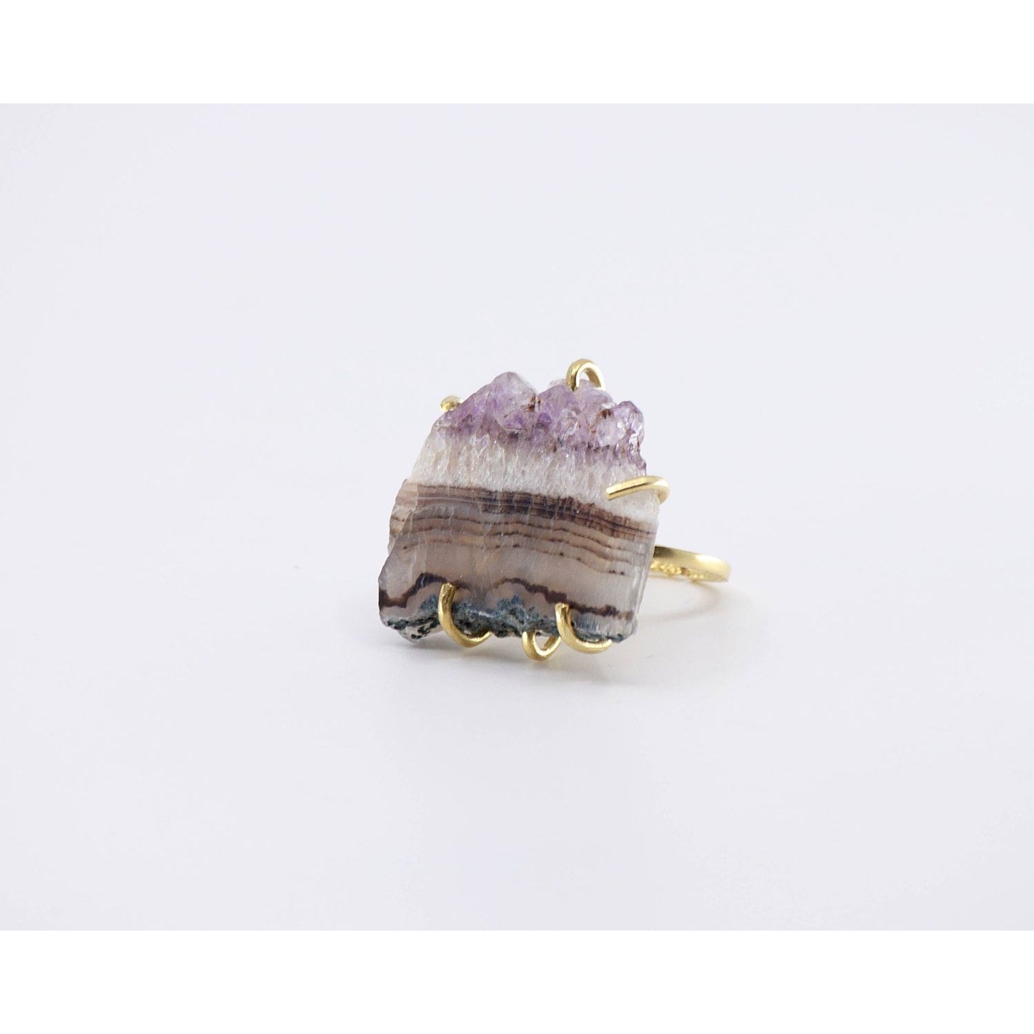 Sara Sela jewelry amethyst ring raw purple druzy slice with banded stone and gold prong setting