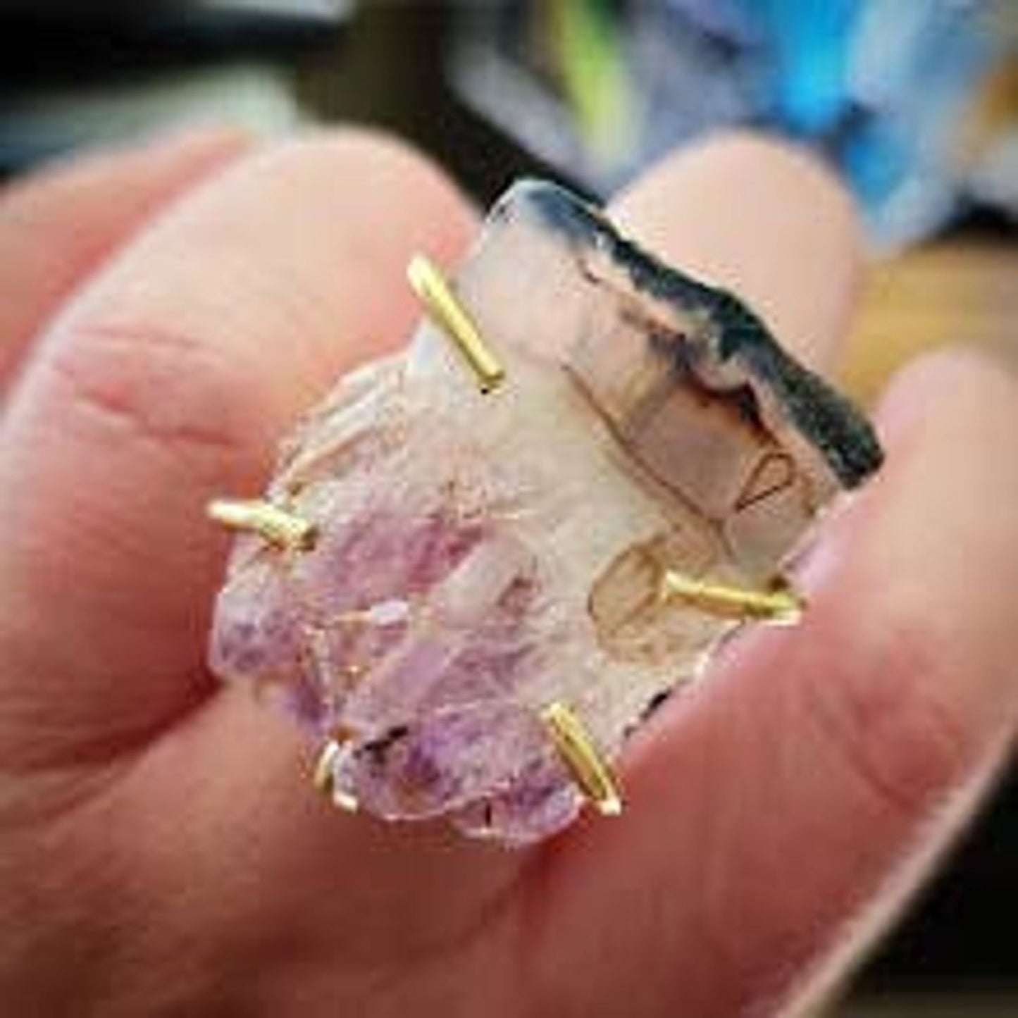 Sara Sela jewelry amethyst ring raw rough amethyst crystal in gold prong setting on adjustable band handmade boho