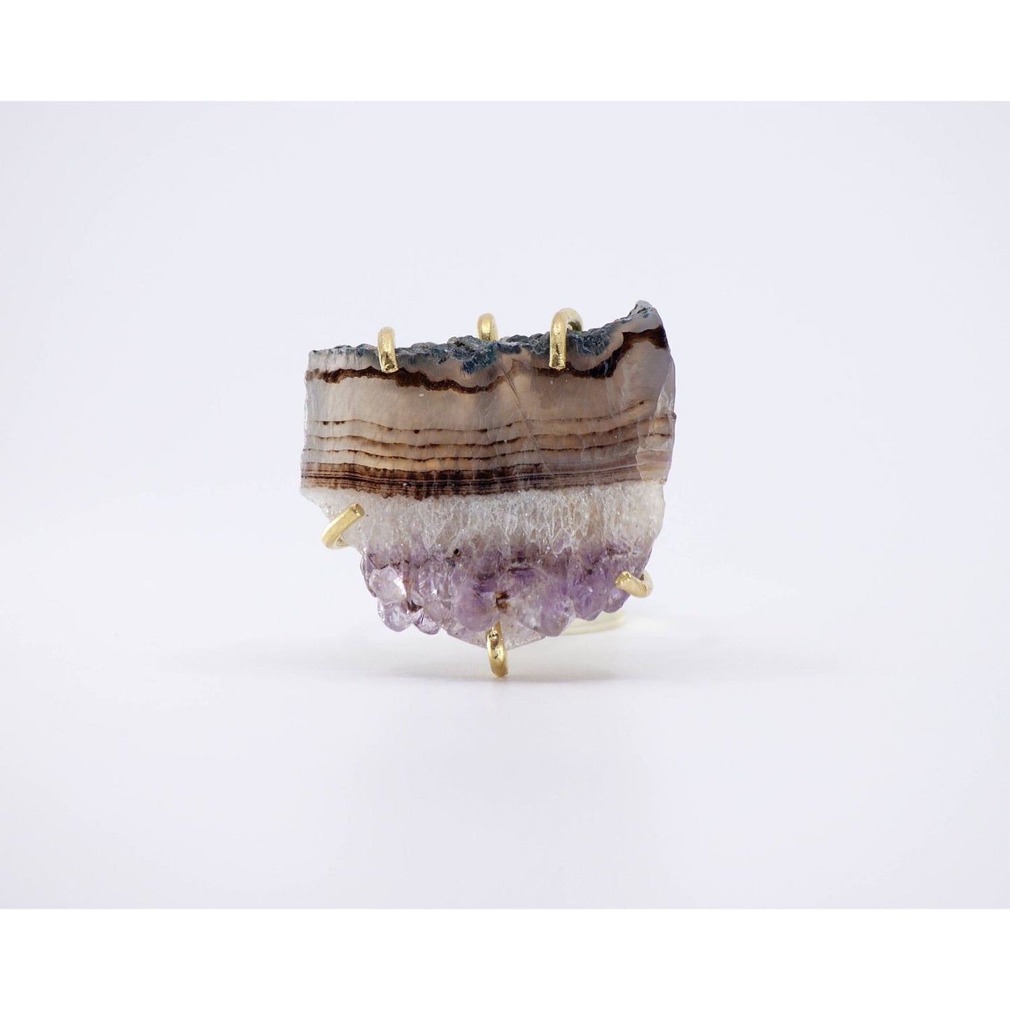 Sara Sela jewelry amethyst ring raw purple druzy slice set in gold prongs artisanal statement ring