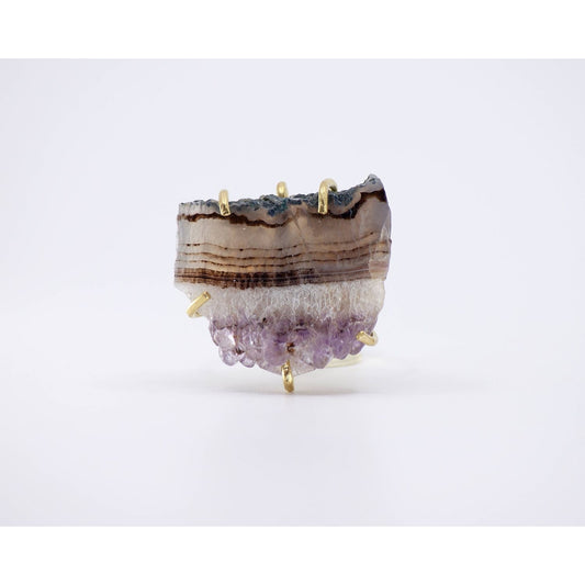 Sara Sela jewelry amethyst ring raw purple druzy slice set in gold prongs artisanal statement ring