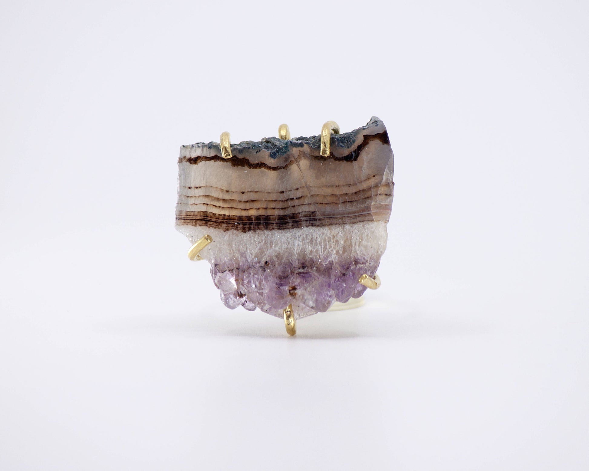 Sara Sela jewelry amethyst ring raw purple druzy slice set in gold prongs artisanal statement ring