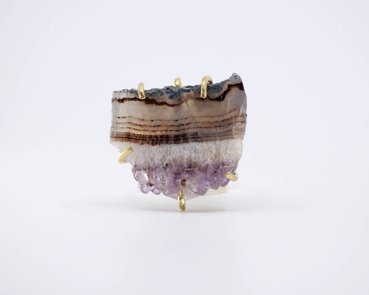 Sara Sela jewelry amethyst ring raw purple druzy slice set in gold prongs artisanal statement ring