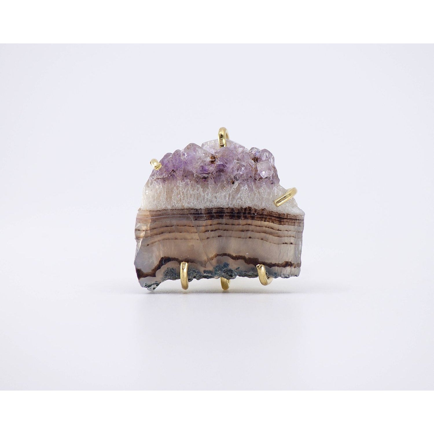 Sara Sela jewelry amethyst ring raw amethyst druzy slice in gold prong setting handcrafted statement ring