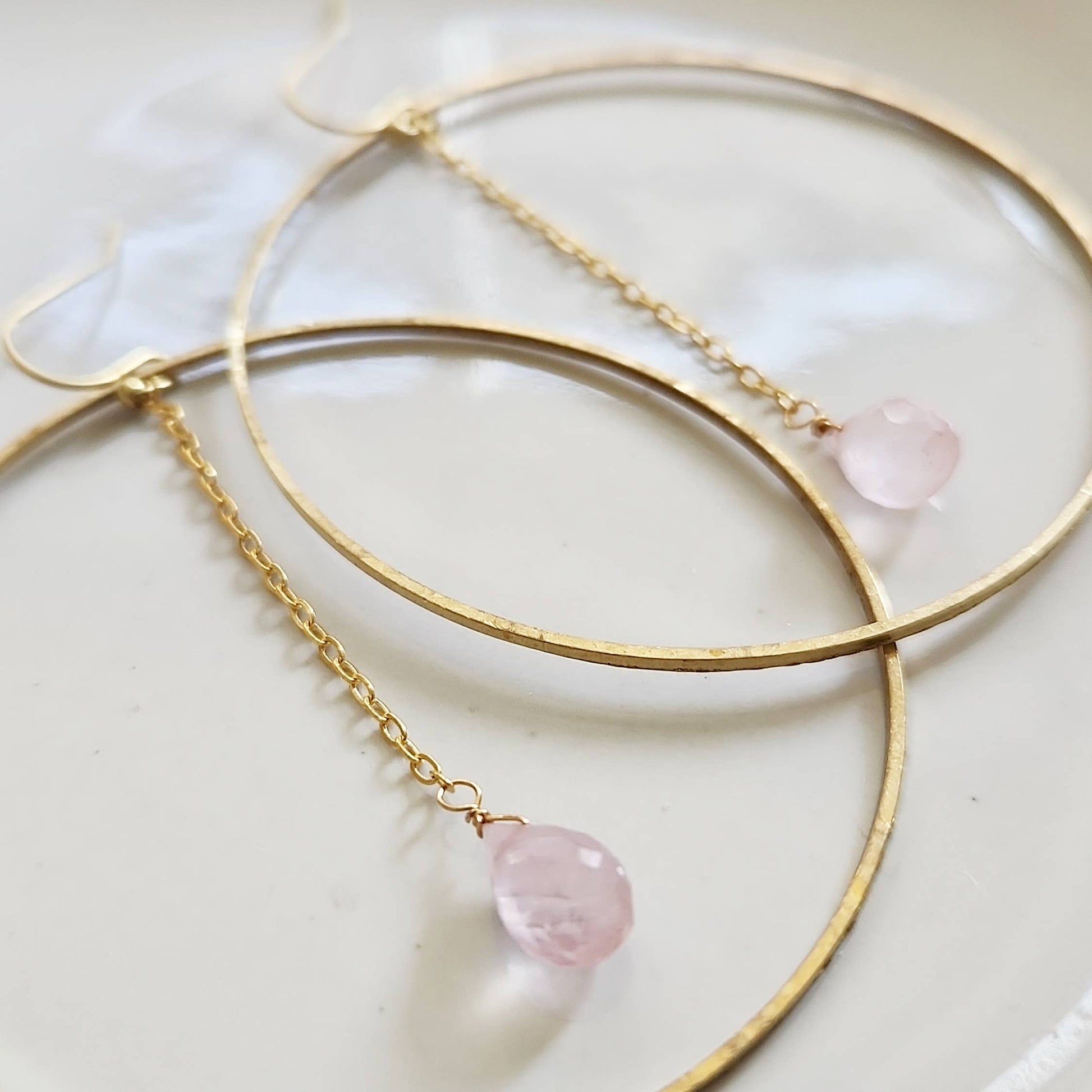 Gold hammered hoop earrings with fine chain and faceted rose quartz teardrop charms rose quartz hoop earrings