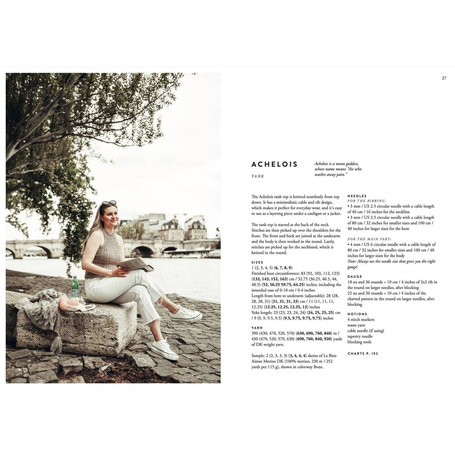 Book page featuring patterns in knitting with a model seated by a river, displaying instructions and charts