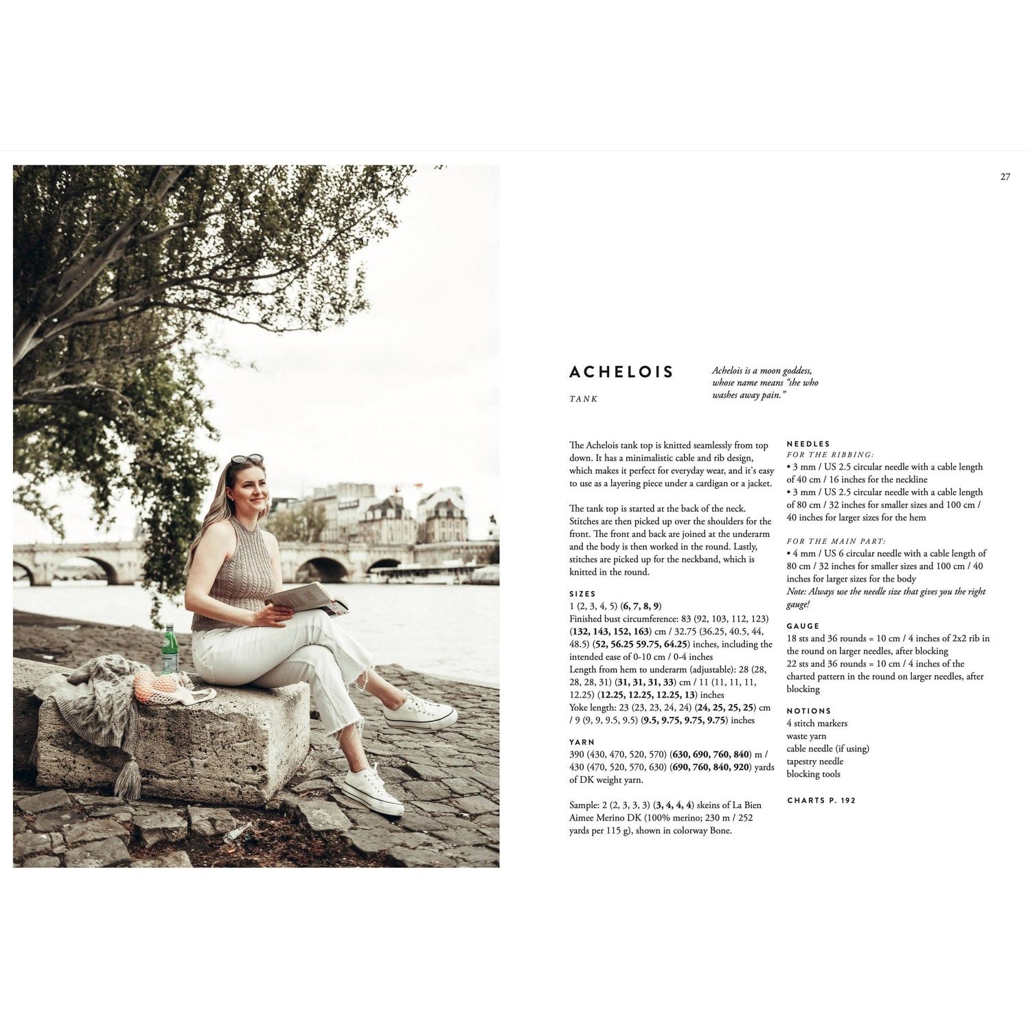 Book page featuring patterns in knitting with a model seated by a river, displaying instructions and charts