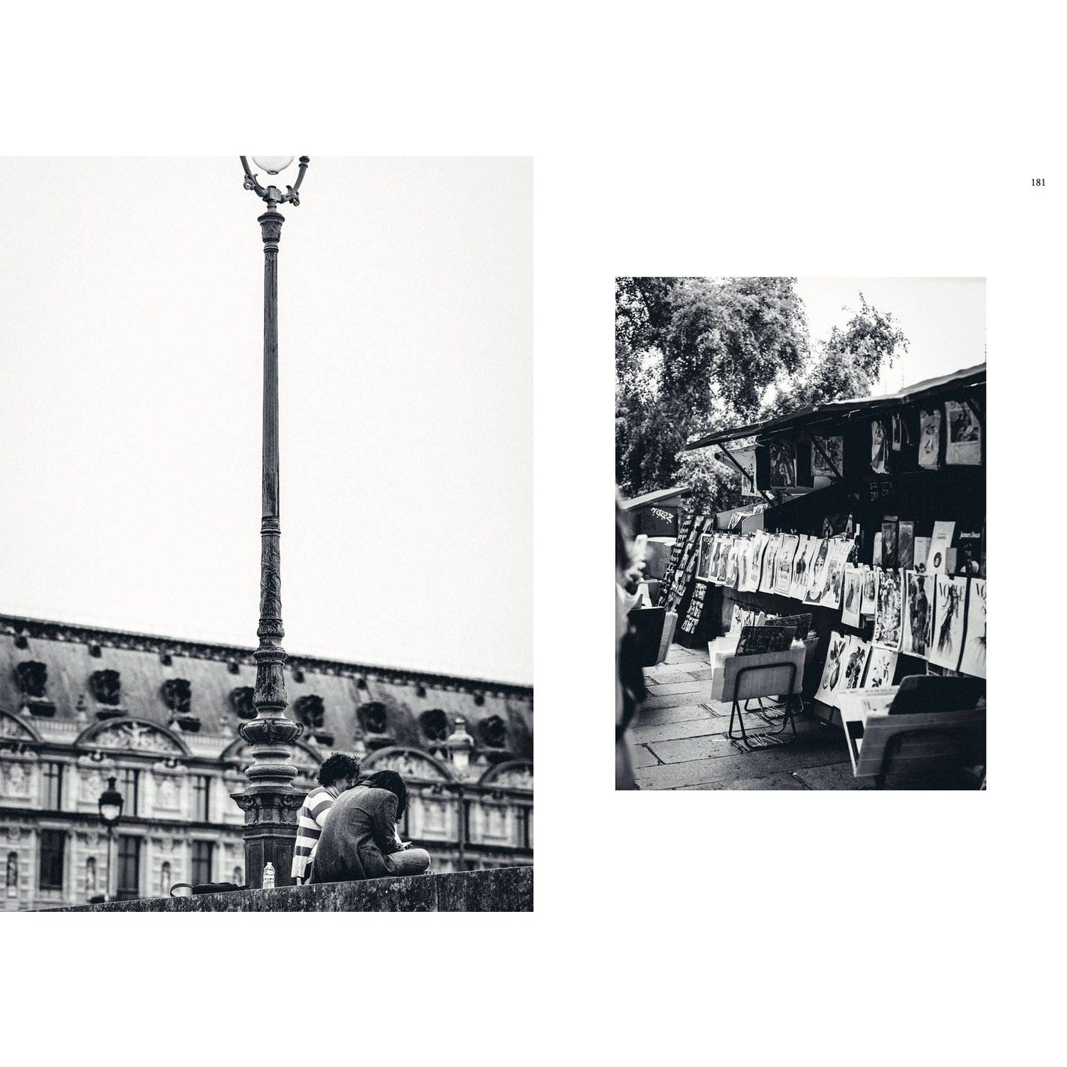 Monochrome images of people sitting near street art displays featuring patterns in knitting