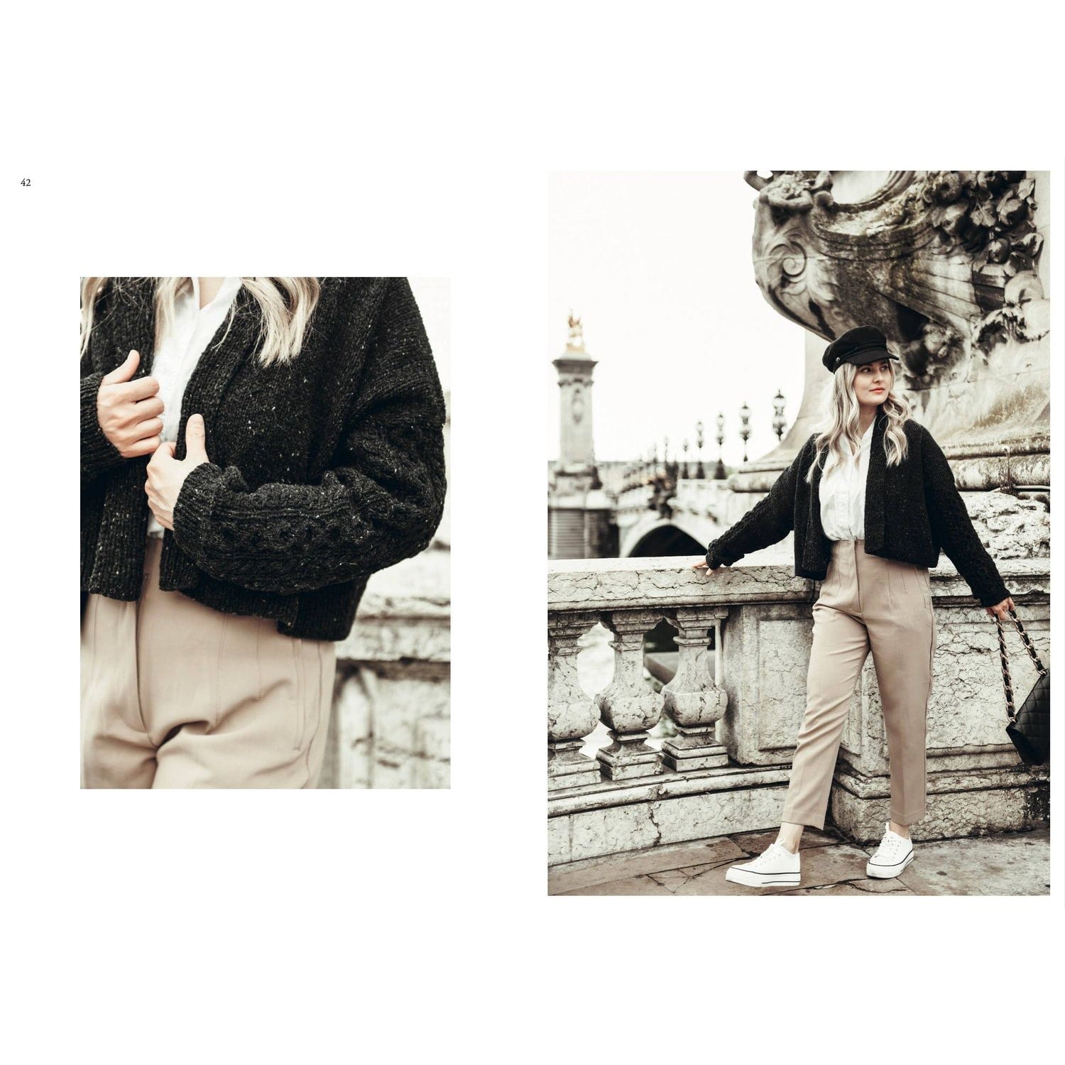 Fashionable model in a black cropped sweater showcasing unique patterns in knitting near architecture