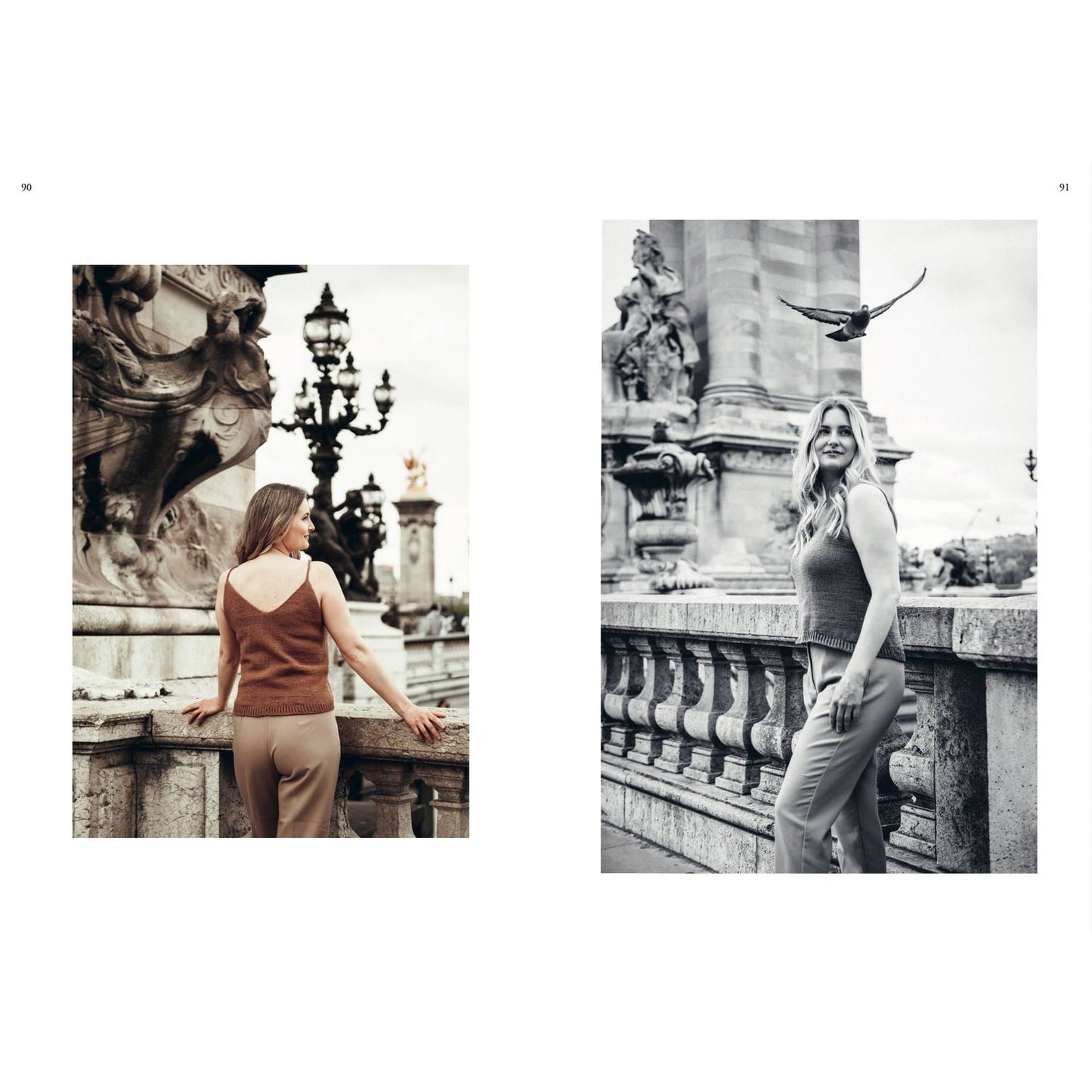 Models showcasing elegant designs with patterns in knitting against a historic backdrop
