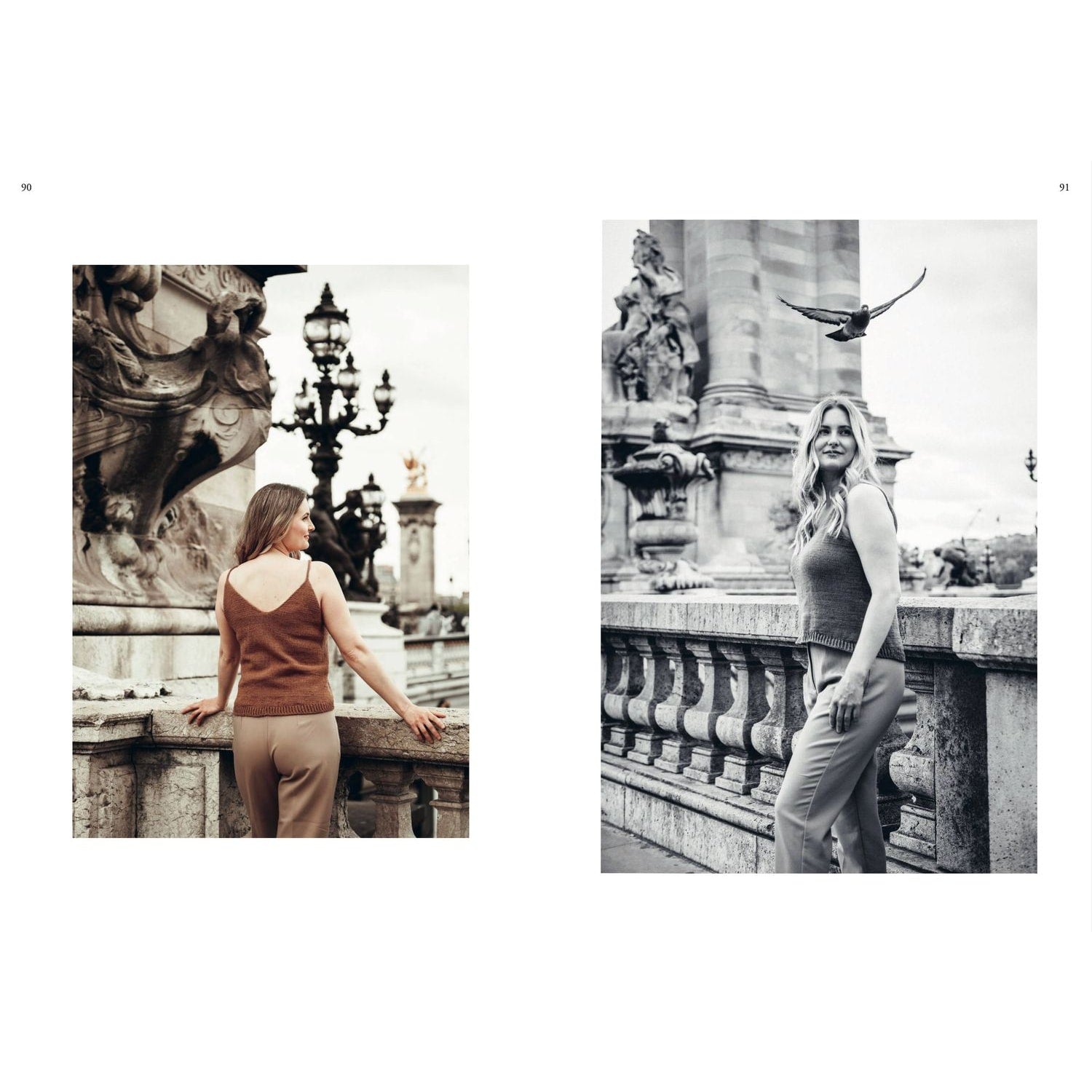 Models showcasing elegant designs with patterns in knitting against a historic backdrop
