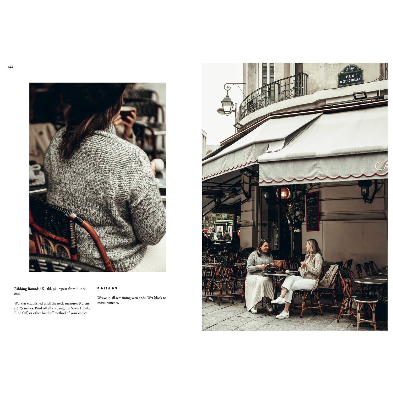 Cozy knitting patterns in knitting book with a woman in a gray sweater enjoying a café visit