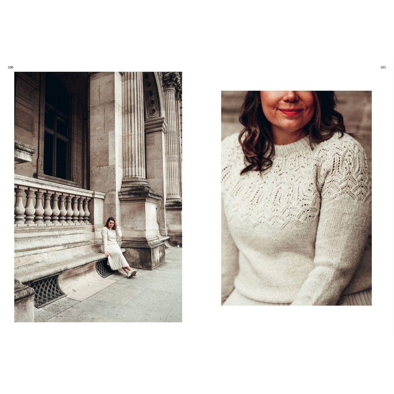 Beautiful knitting patterns in knitting showcased on a cozy sweater worn by a smiling woman