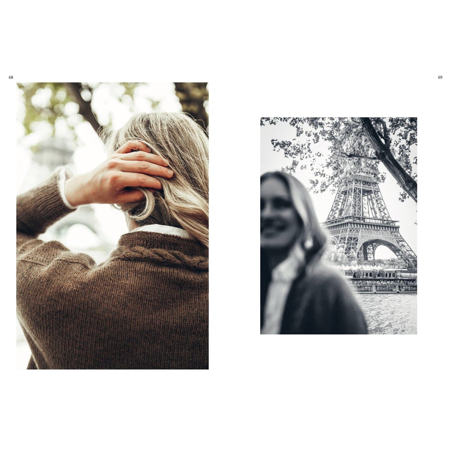 A woman in a cozy brown sweater in front of the Eiffel Tower showcasing patterns in knitting