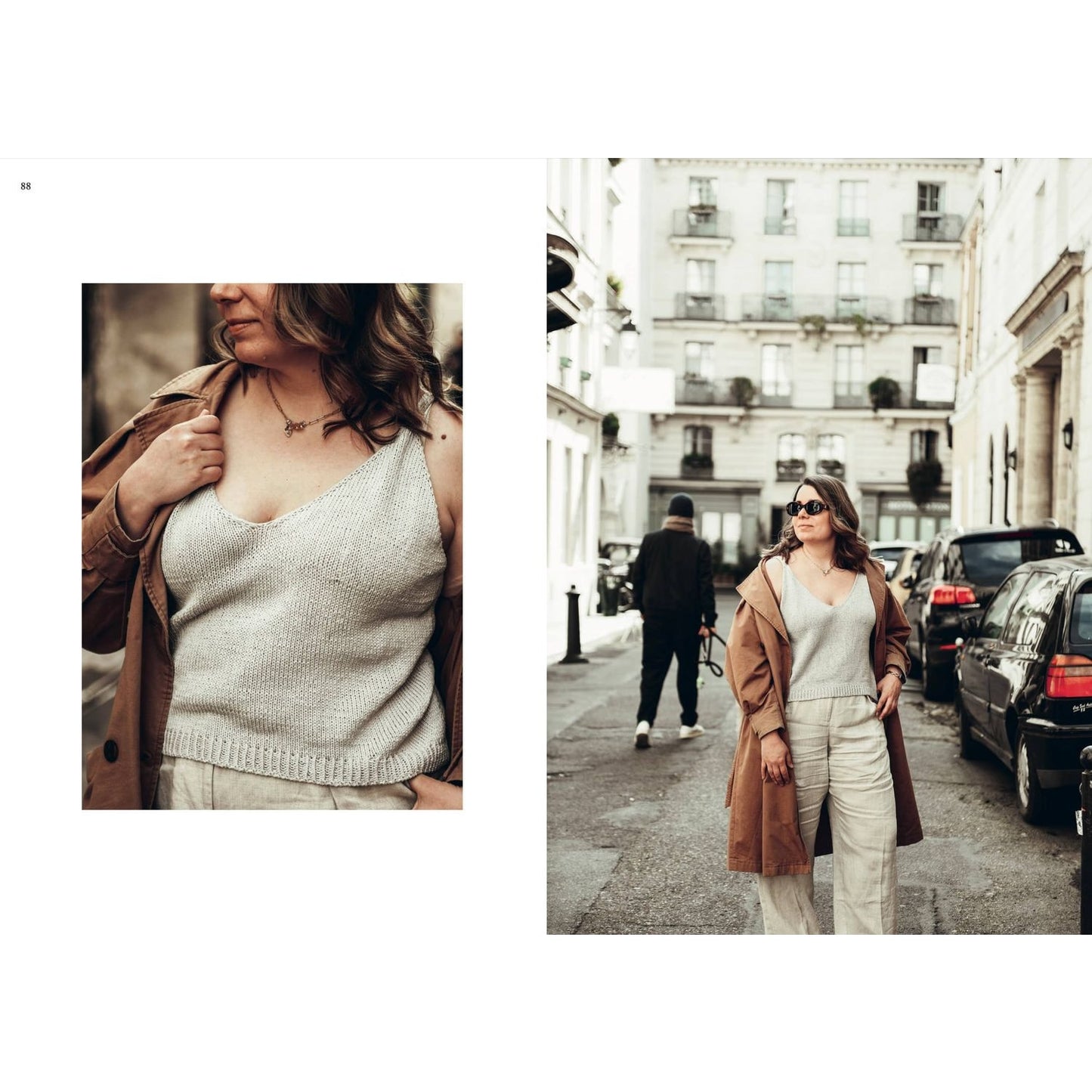 Fashionable woman wearing a stylish knit top inspired by patterns in knitting on a city street