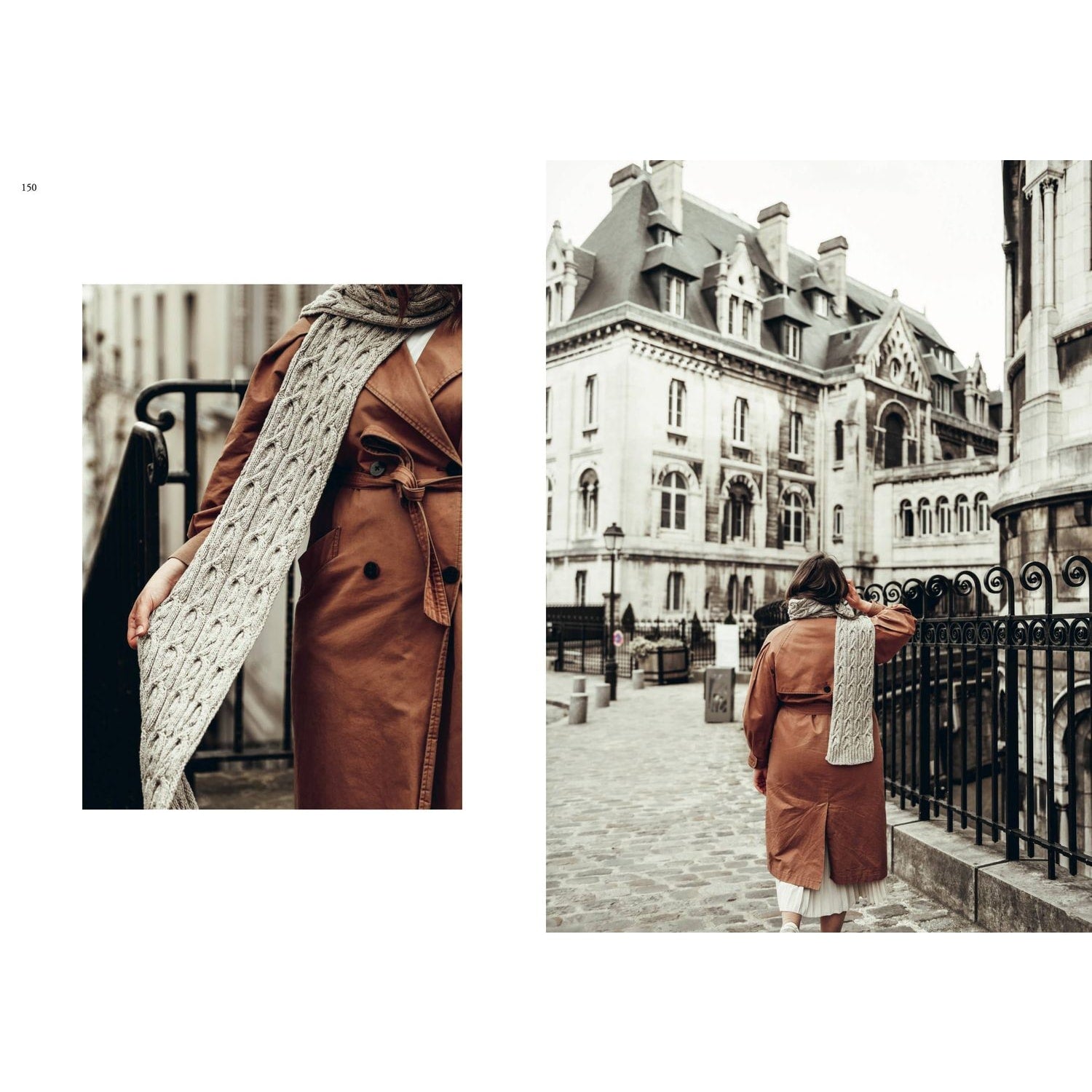 Stylish woman wearing a brown coat and a knitted scarf showcasing elegant patterns in knitting