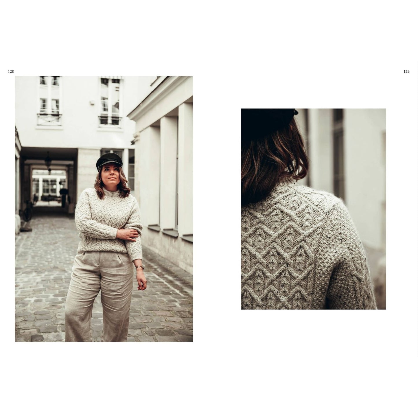 Stylish woman wearing a cozy sweater featuring intricate patterns in knitting in a charming outdoor setting