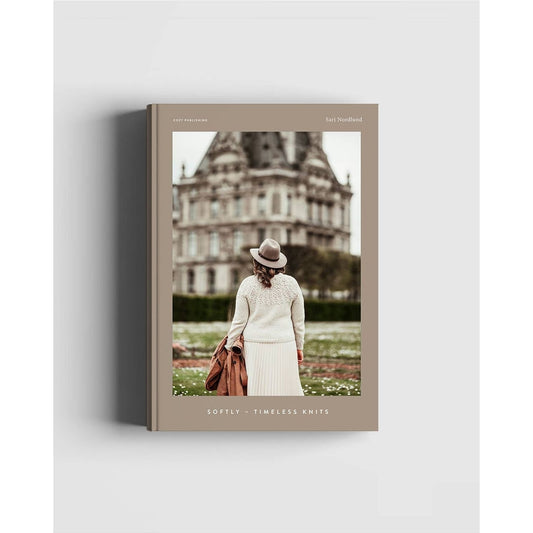 Softly Timeless Knits Book Cover Featuring Patterns in Knitting with Elegant Woman in Sweater