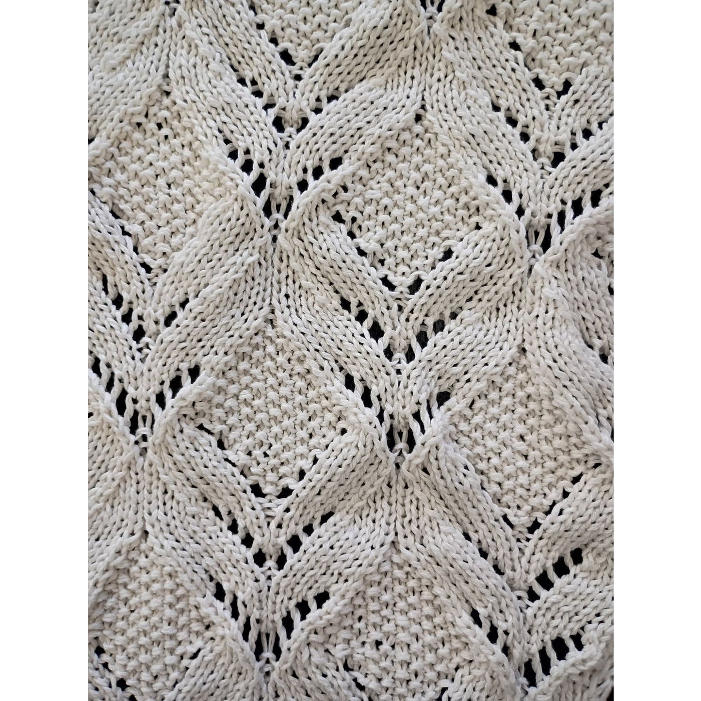 Detailed knitted fabric displaying a unique scarf pattern to knit in cream color