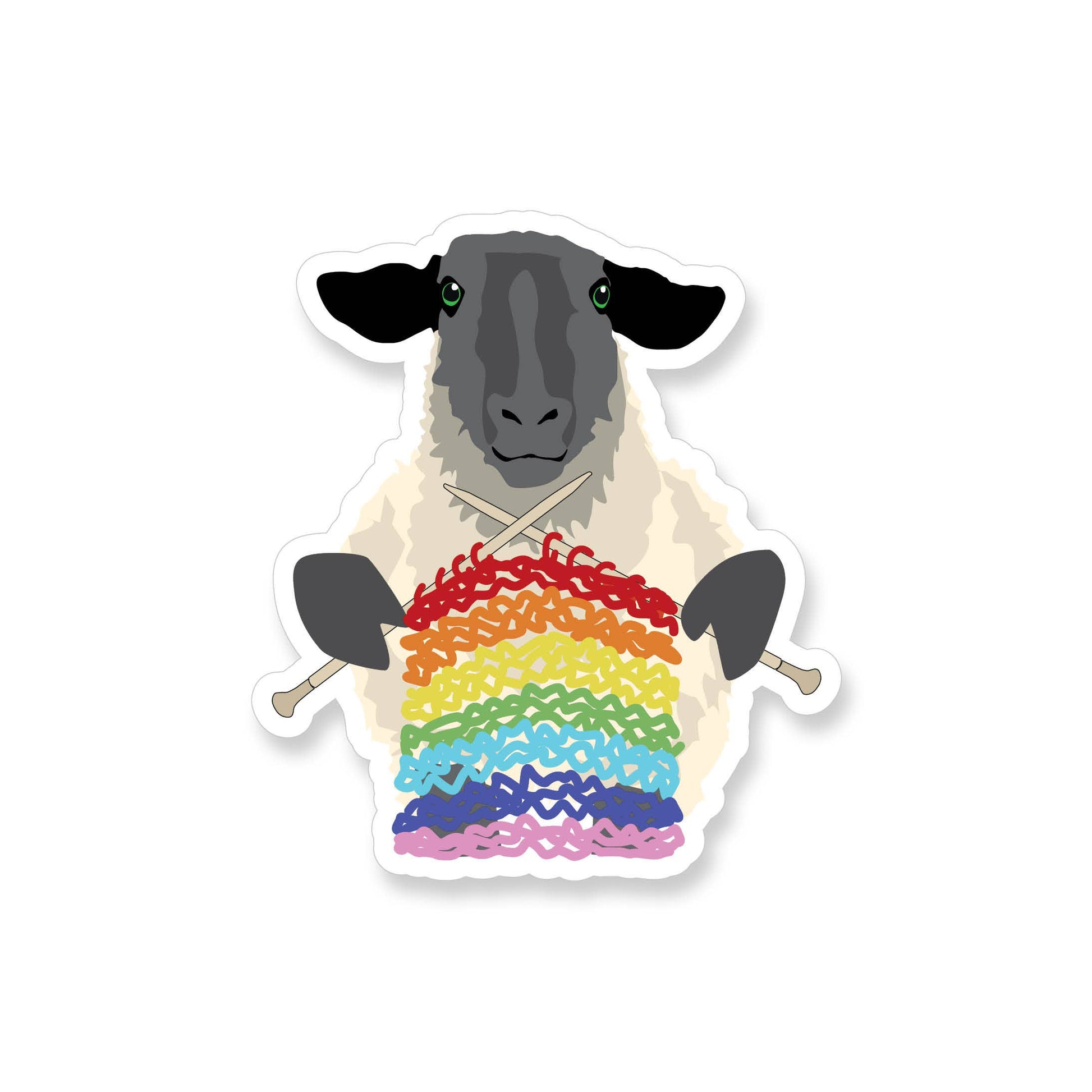 Sheep knitting sticker featuring a black-faced sheep holding knitting needles with a rainbow yarn design