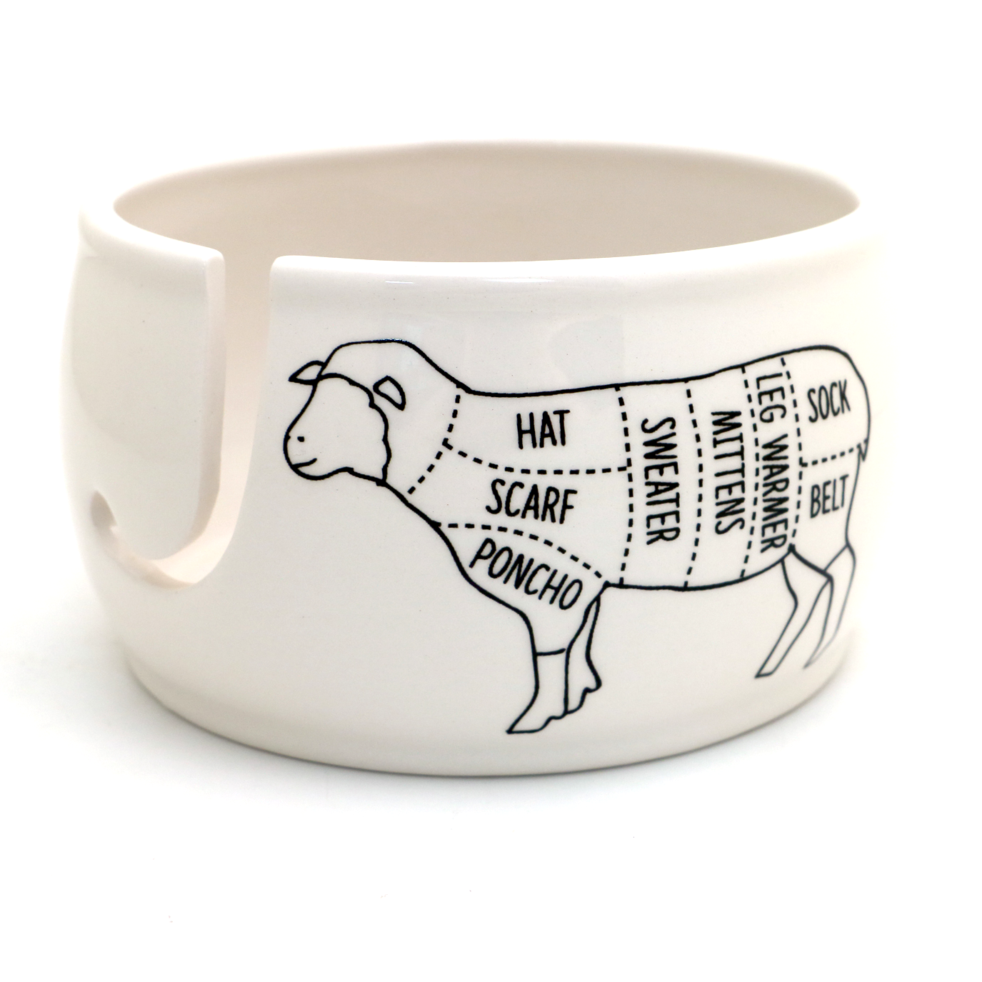 Lenny Mud sheep yarn bowl with illustrated sections for knitting patterns and creative use