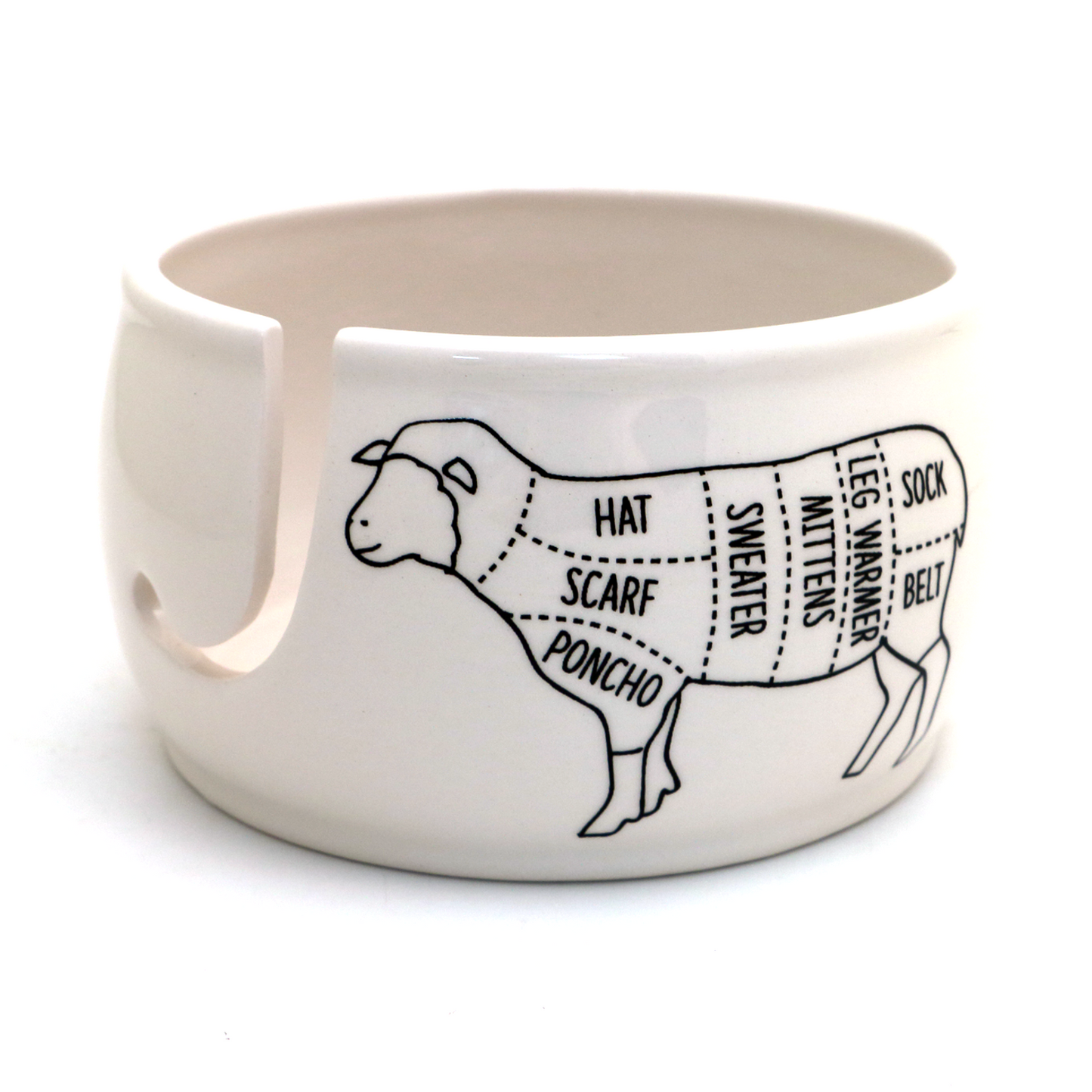 Ceramic sheep yarn bowl with knitting patterns labeled for easy yarn management