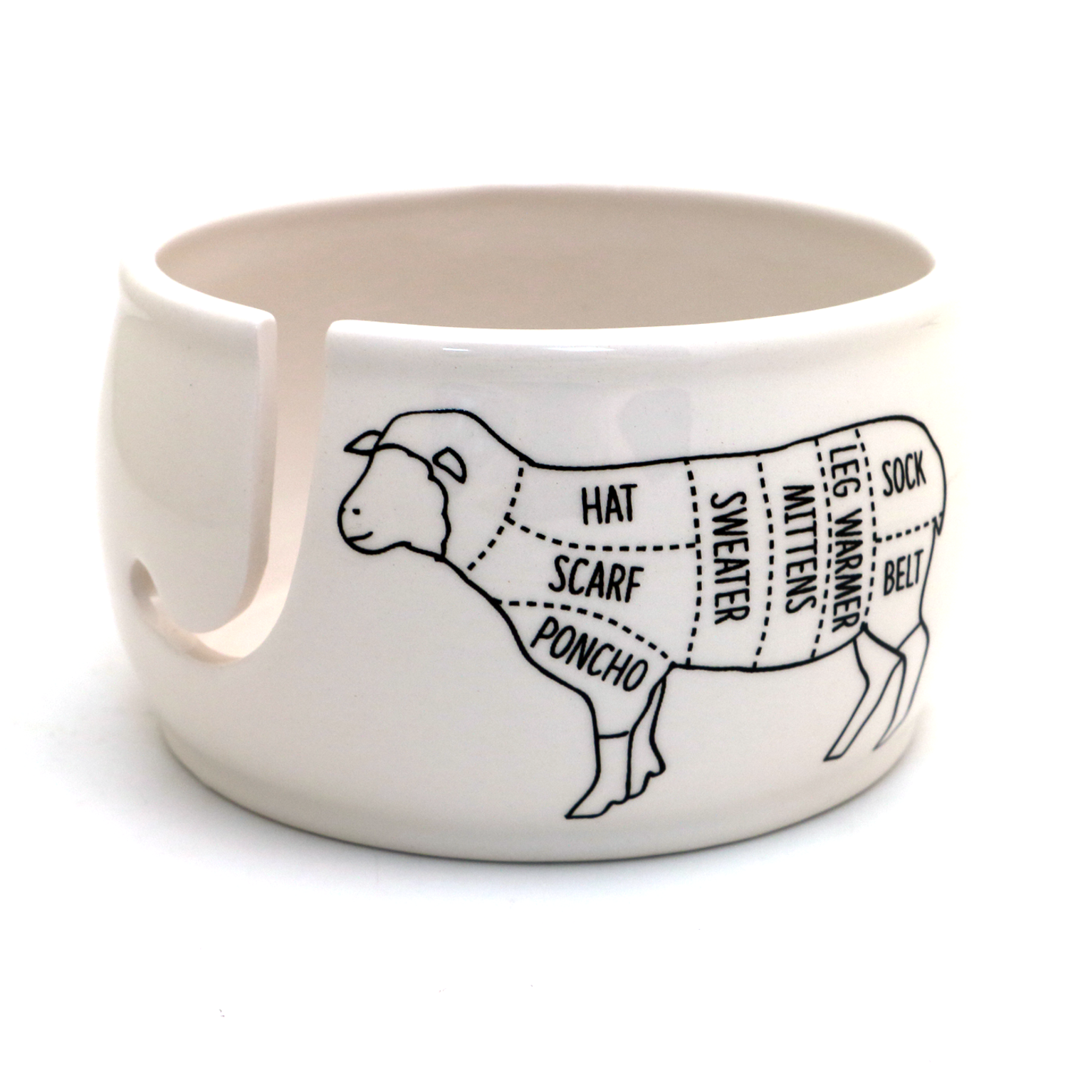 Ceramic sheep yarn bowl with knitting patterns labeled for easy yarn management