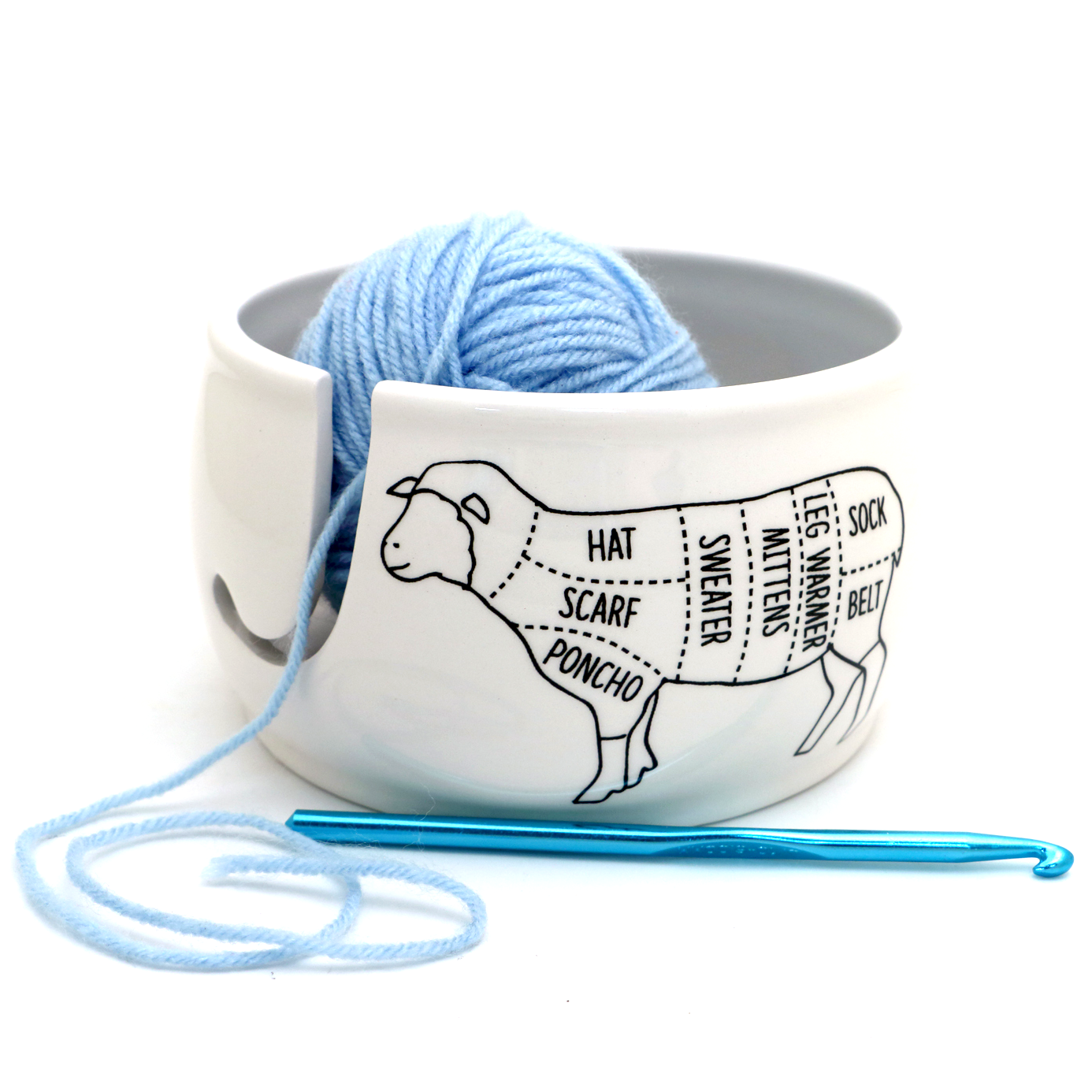Lenny Mud sheep yarn bowl with detailed sheep diagram and blue yarn for knitting enthusiasts