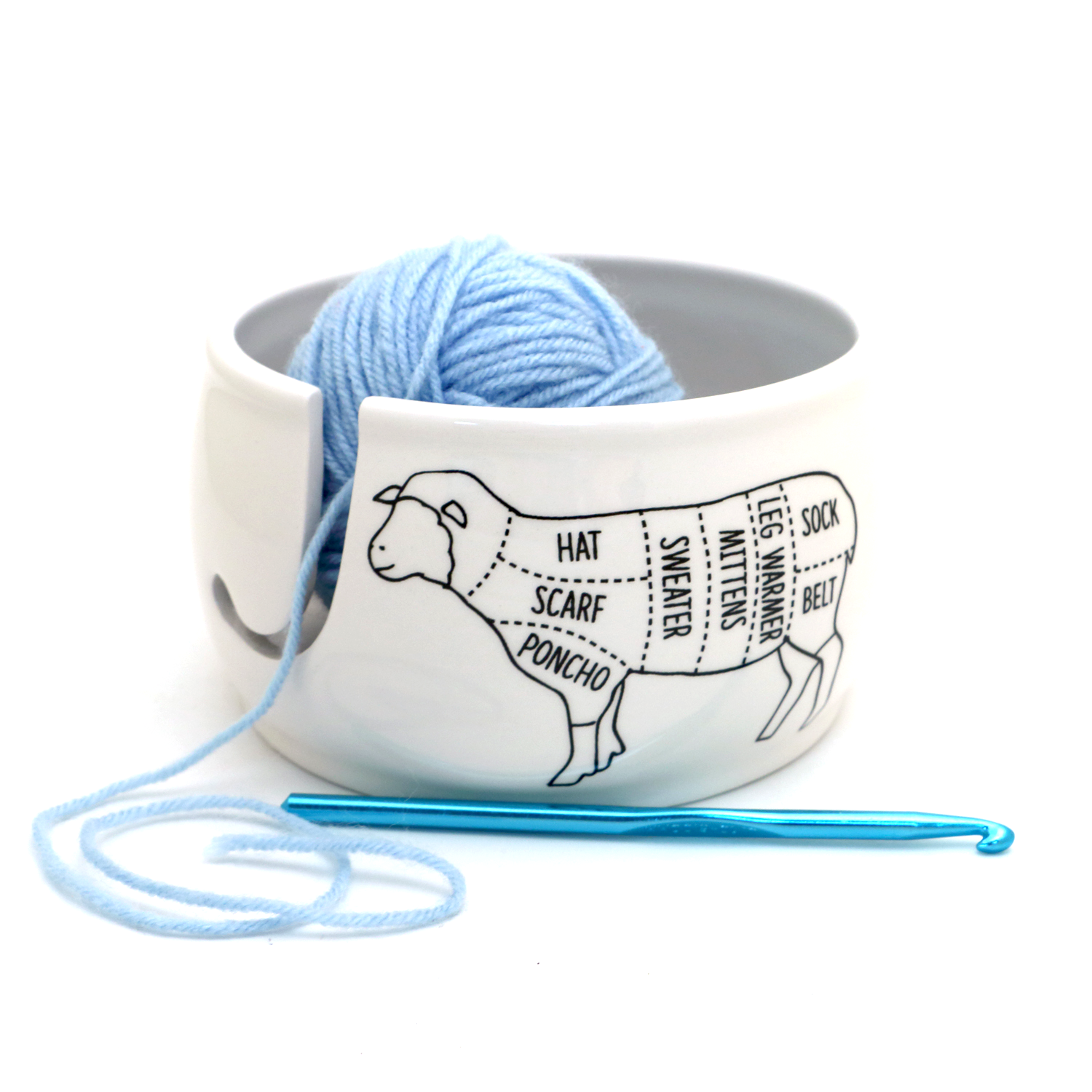 Lenny Mud sheep yarn bowl in white with playful sheep design and a light blue yarn ball