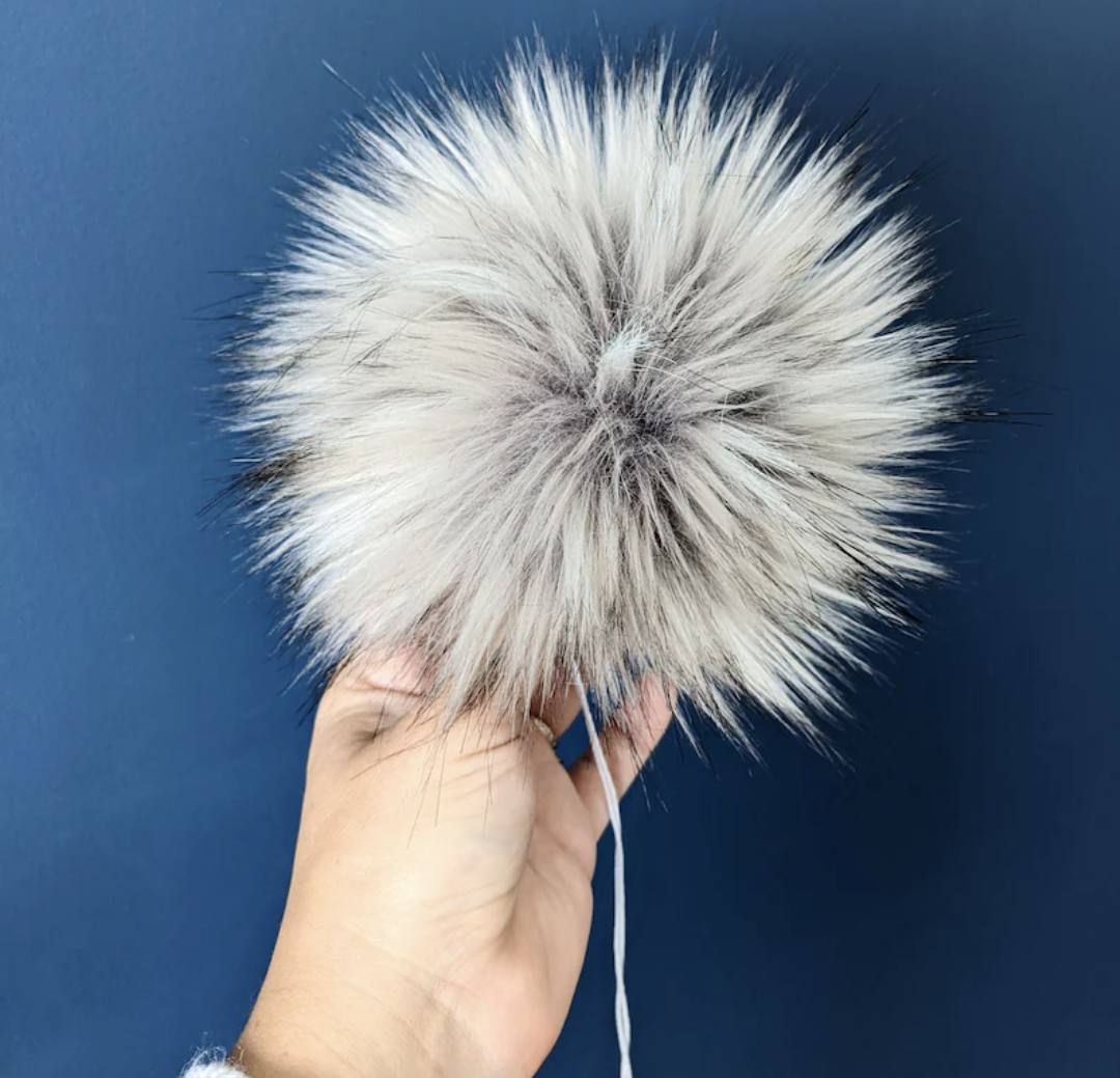 Fluffy silver grey pom pom for knitting, perfect for hats and accessories