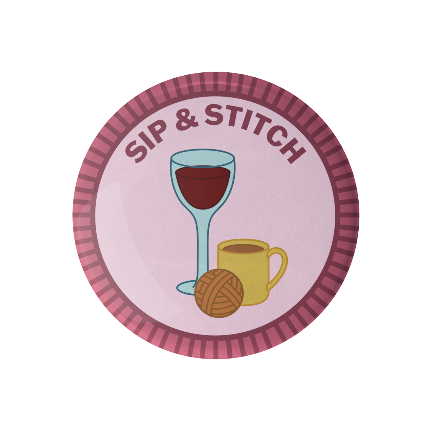 Camp Stitchwood Sip and Stitch Badge featuring wine glass, mug, and yarn for merit badge required for eagle