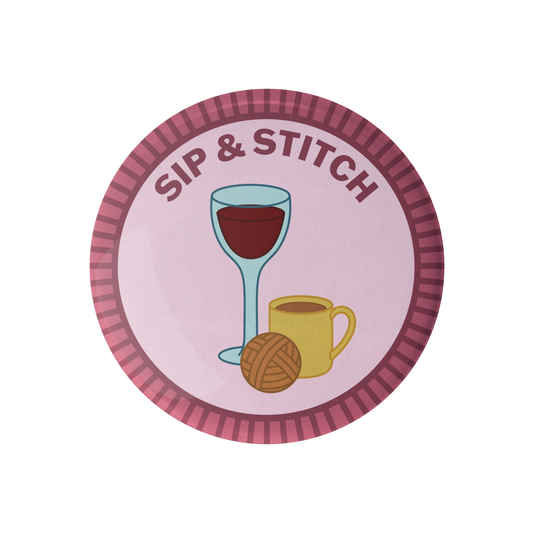 Camp Stitchwood Sip and Stitch Badge featuring wine glass, mug, and yarn for merit badge required for eagle