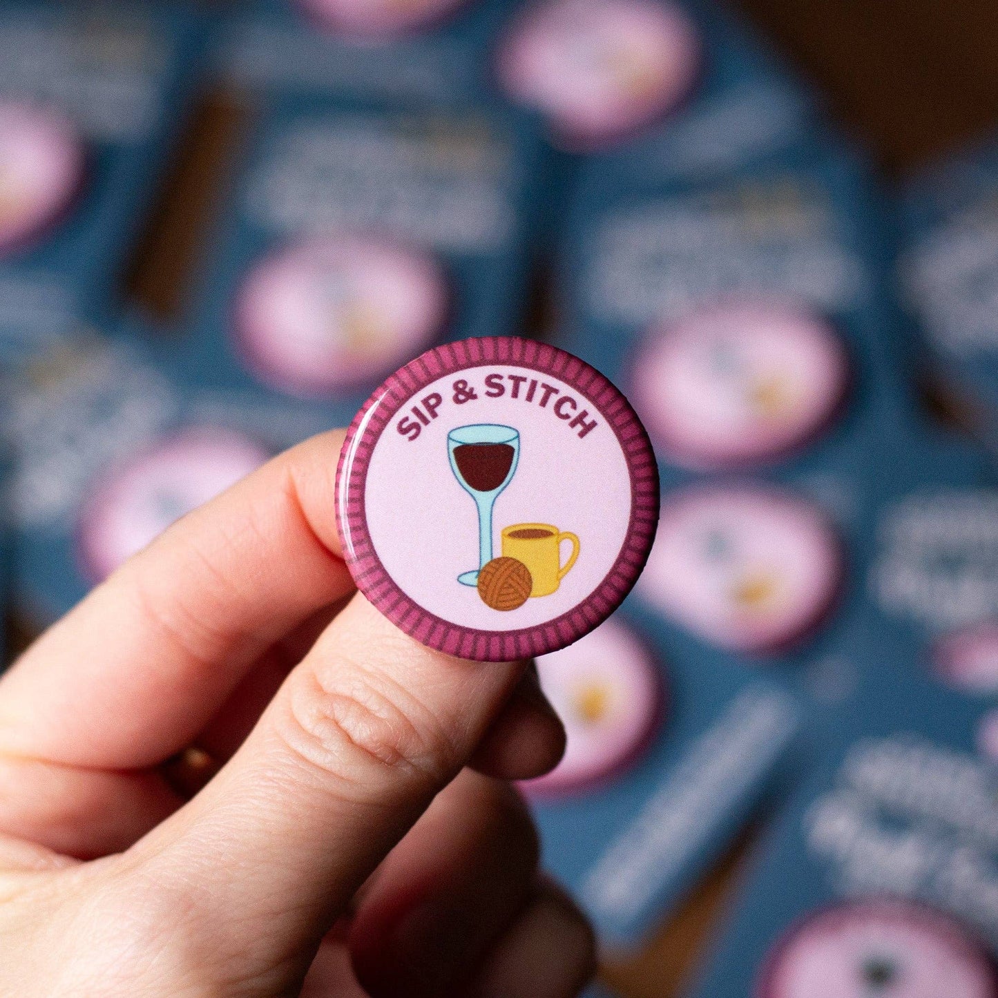 Sip and Stitch badge featuring a wine glass and yarn, perfect for scout merit badge required for eagle