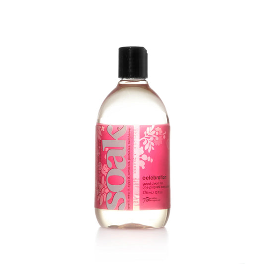 Soak Wholesale Celebration Laundry Wash with instructions featuring laundry wash symbols for delicate fabrics