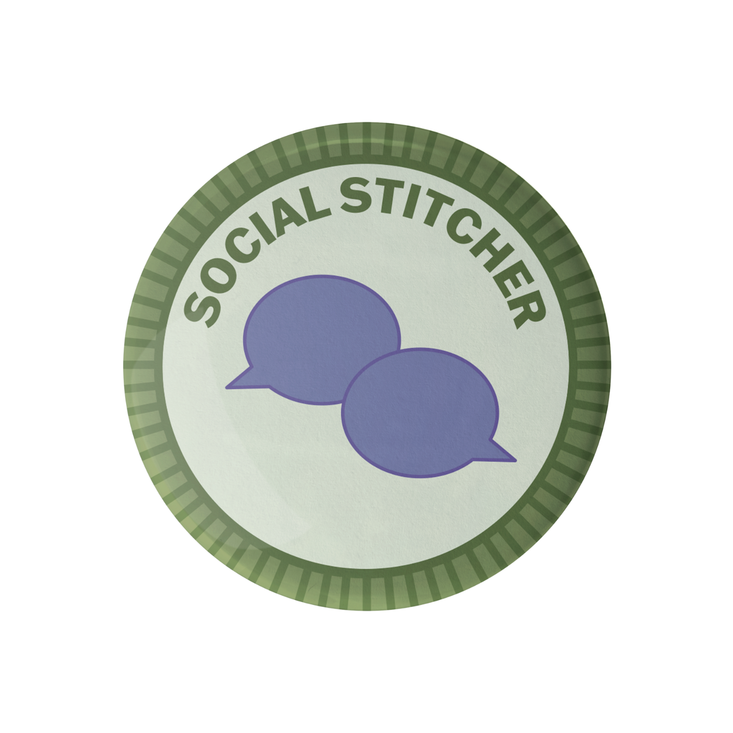 Camp Stitchwood Social Stitcher Badge featuring two chat bubbles with an embroidery design