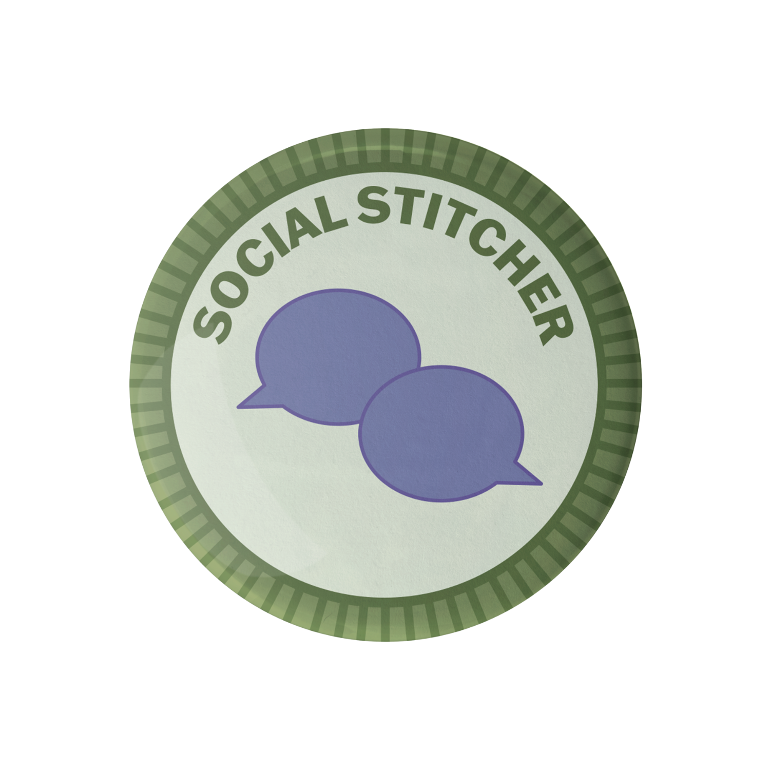 Camp Stitchwood Social Stitcher Badge featuring two chat bubbles with an embroidery design