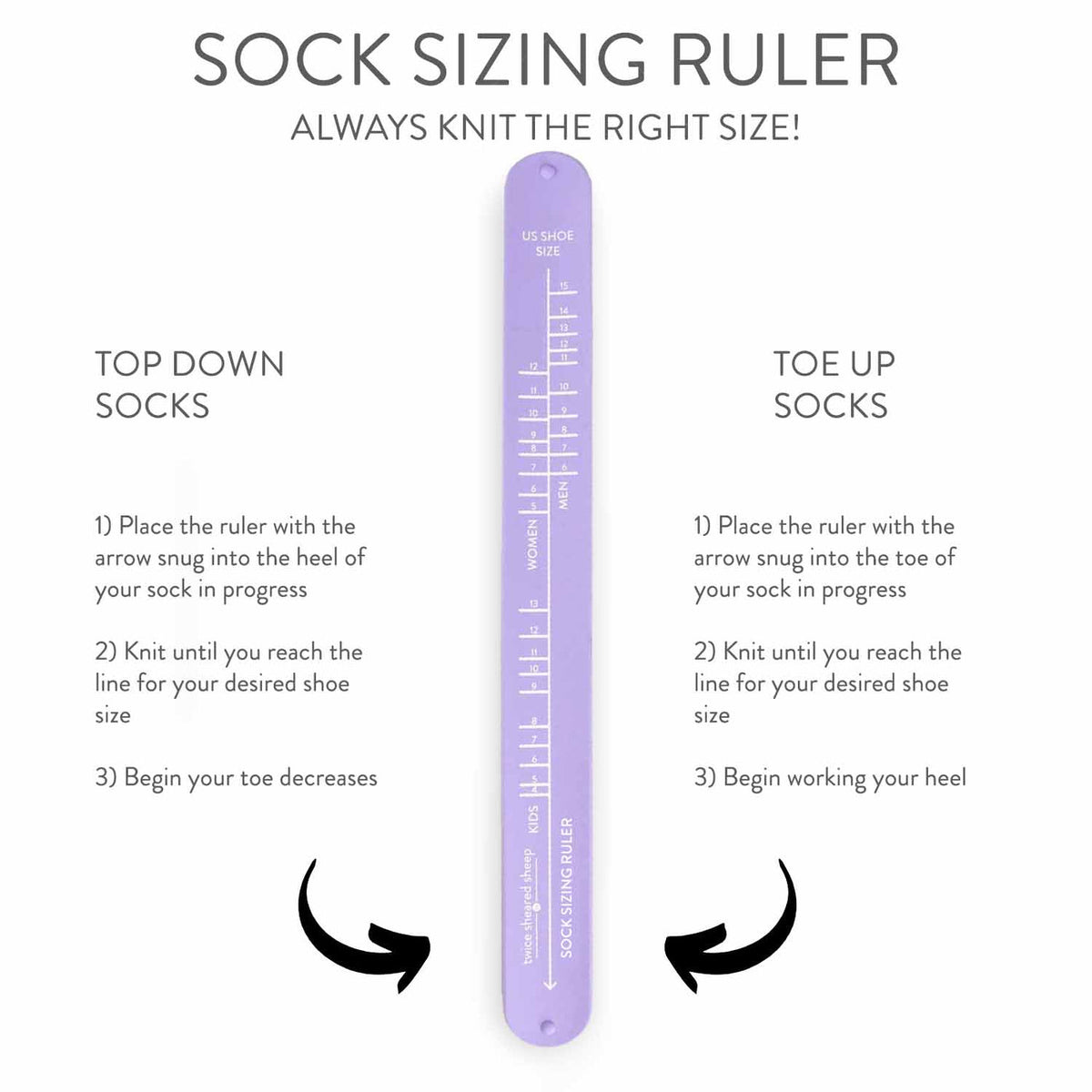 Sock sizing ruler by Twice Sheared Sheep for accurately measuring sock sizes while knitting