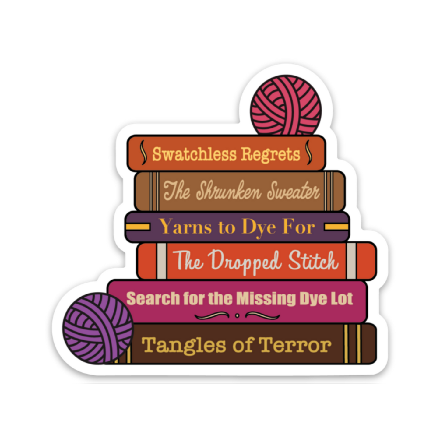 Colorful Camp Stitchwood sticker featuring books related to knitting and yarn crafts