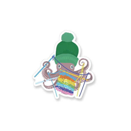 Octopus wearing green knit beanie knitting a colorful rainbow scarf with multiple needles sticker