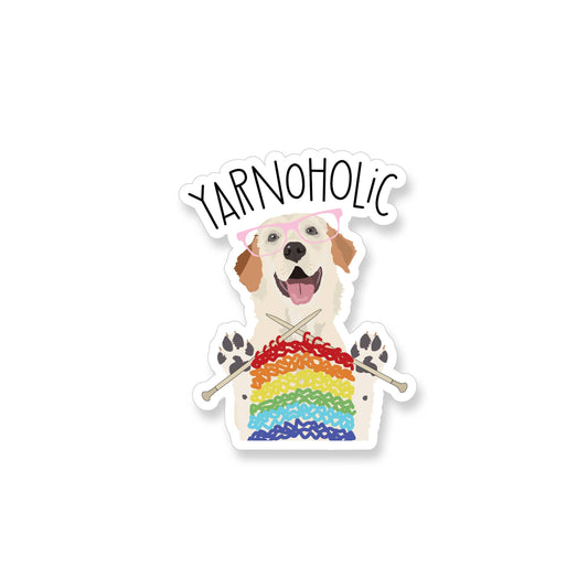 yarnoholic dog knitting sticker rainbow knitted swatch with happy dog wearing glasses ideal for laptops