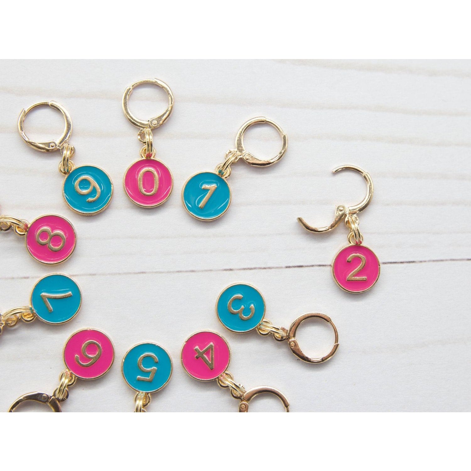 Colorful numbered stitch markers for crocheting by Fox & Pine Stitches, ideal for organizing your projects