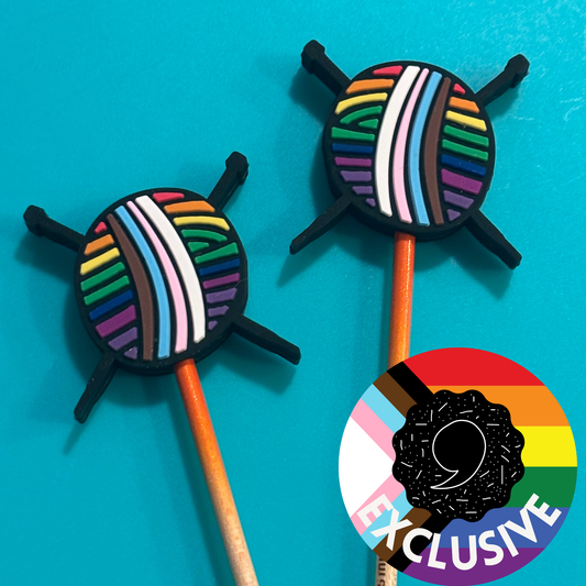 Comma Craft Co pride knitting needle point protectors rainbow yarn ball needle toppers on wooden needles exclusive