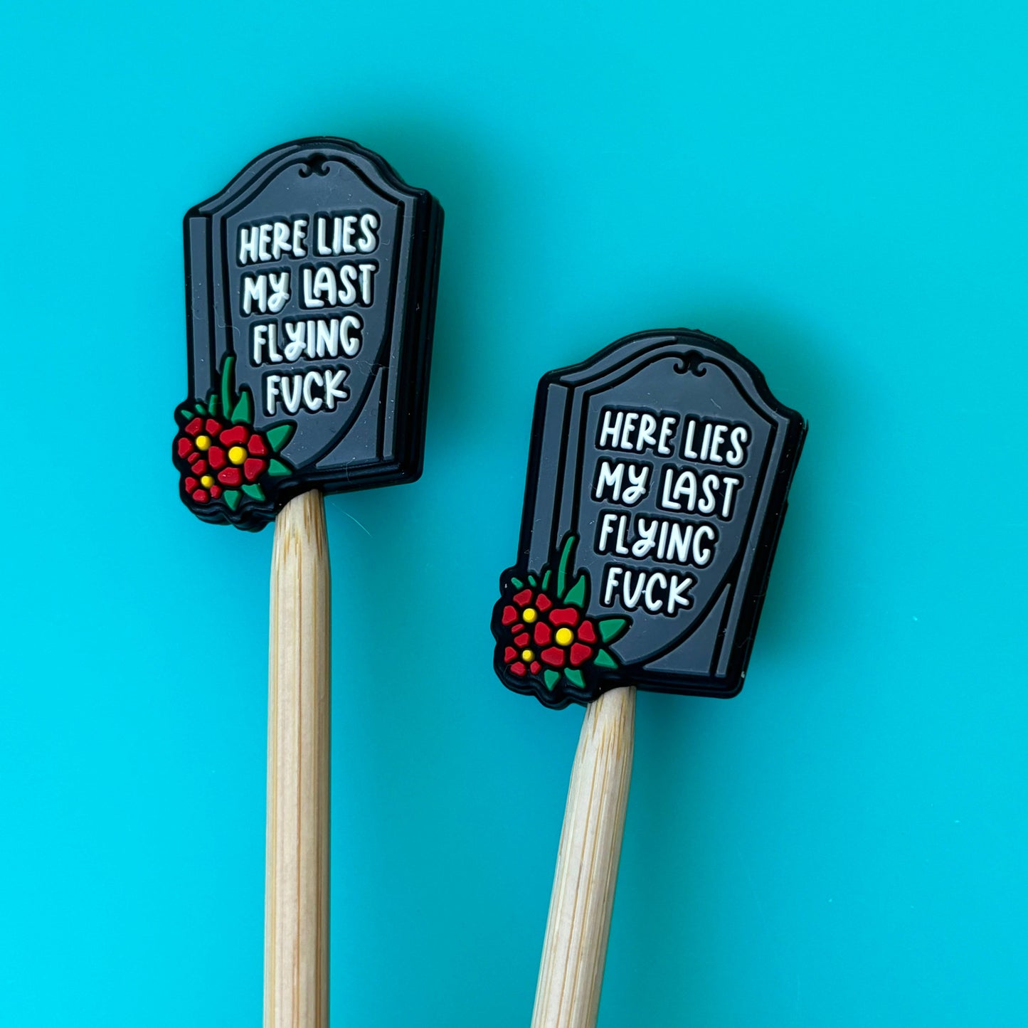 Comma Craft Co funny tombstone knitting accessories two stitch markers needle toppers with humorous gravestone message