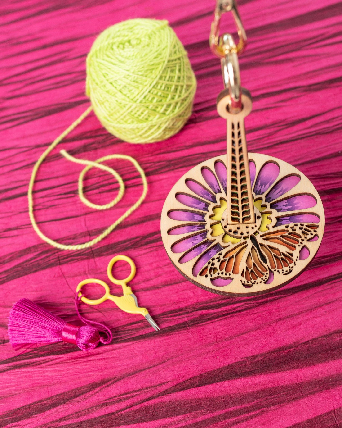lemonwood monarchana yarn accessory wooden butterfly mandolin pendant keychain with lime yarn ball pink tassel