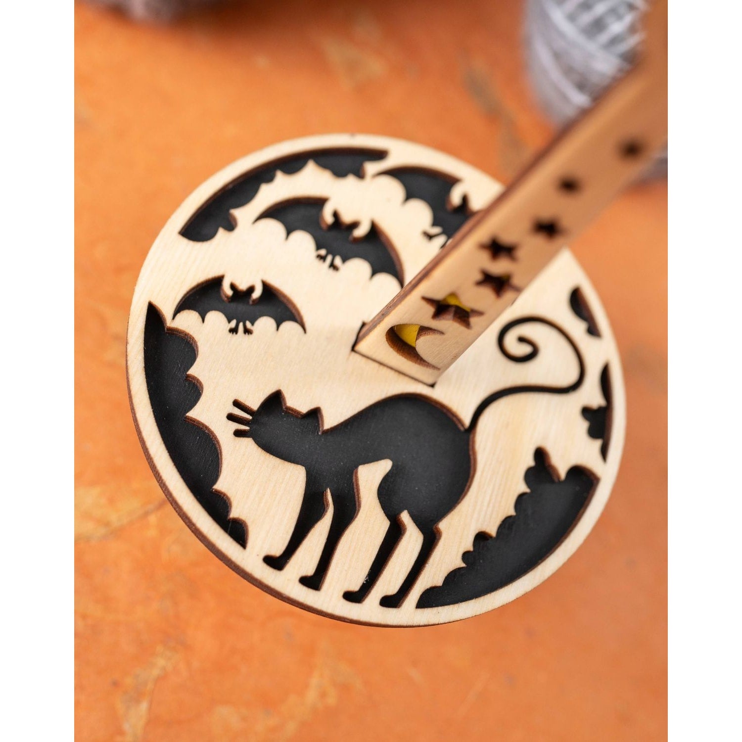 Lemonwood Something Familiar yarn wooden drop spindle whorl with cat and bat silhouettes for hand spinning