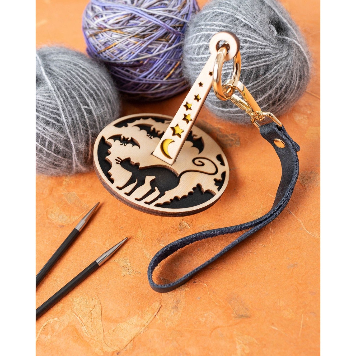 Lemonwood Something Familiar yarn wooden cat and moon keychain with leather strap and yarn balls