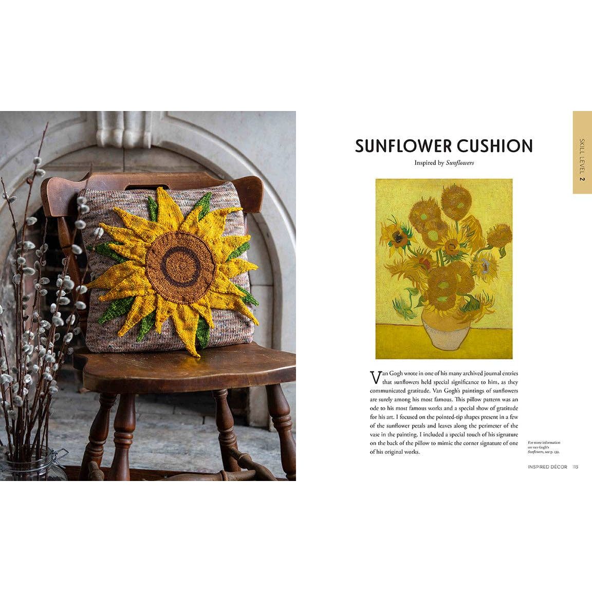 Sunflower cushion inspired by Van Gogh featuring a vibrant sunflower design on a rustic chair
