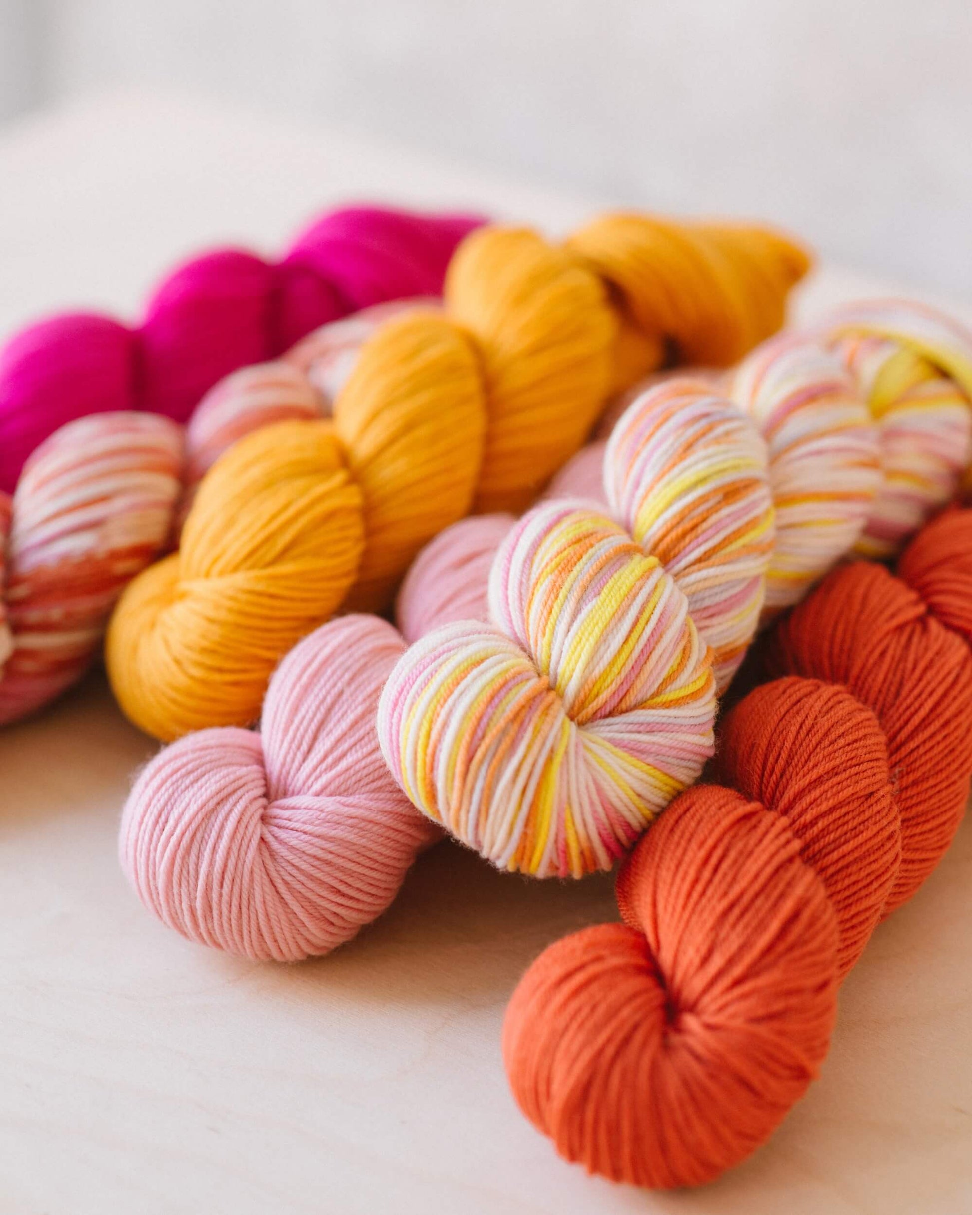Quince & Co. superwash merino fingering yarn in vibrant colors including pink, orange, yellow, and multicolor skeins