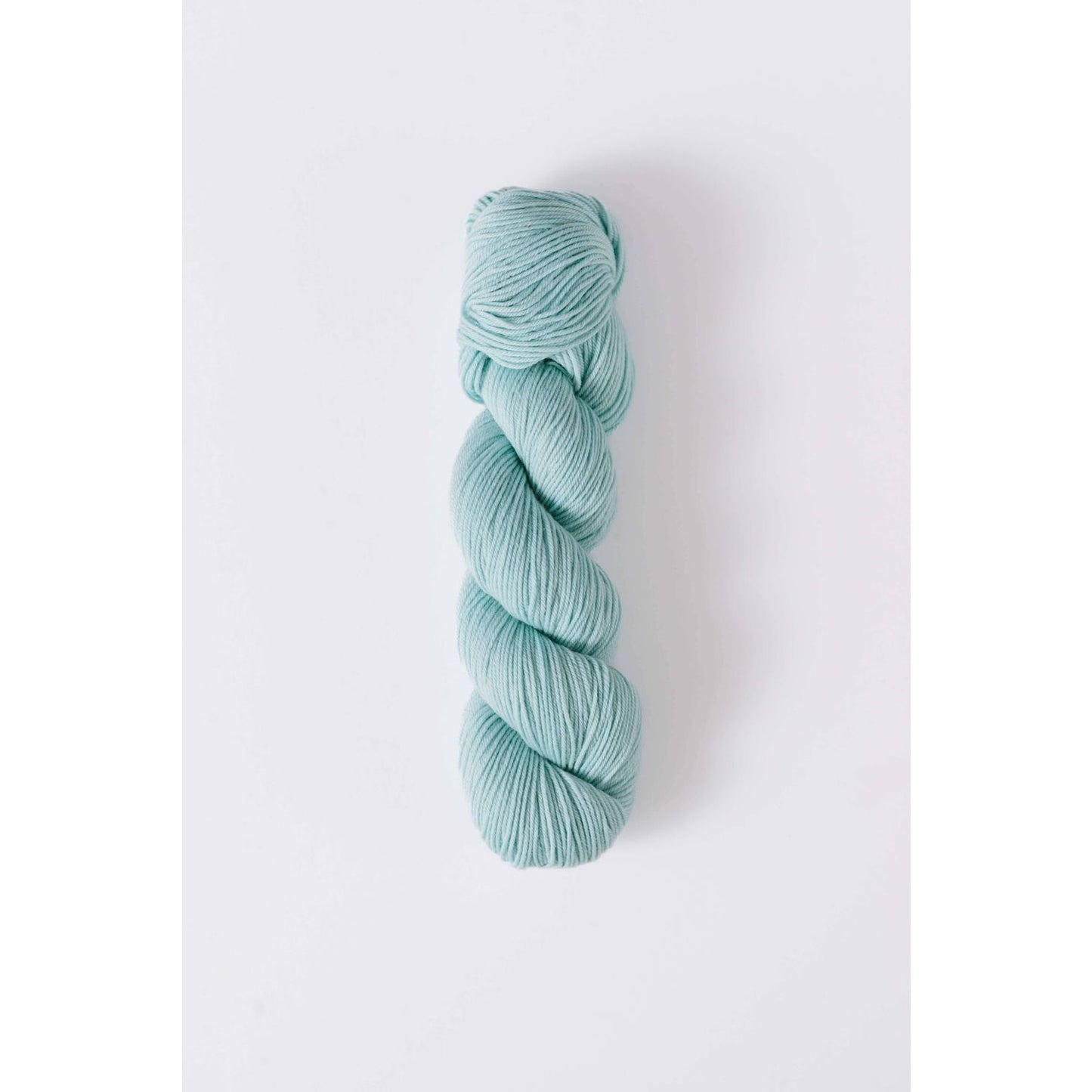 Quince & Co. light blue superwash merino fingering yarn skein on white background